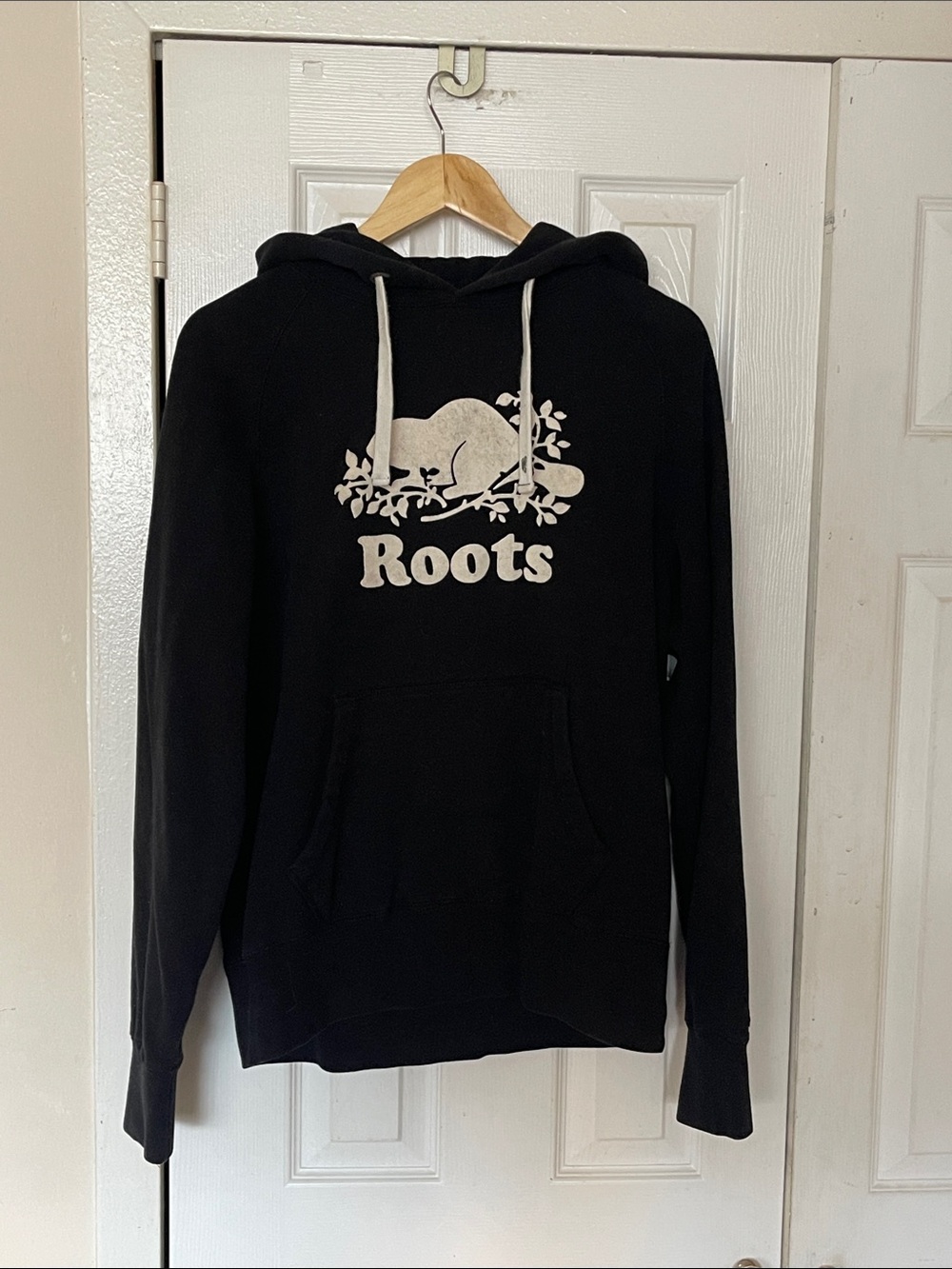 Roots Black Hoodie with Cream Logo Size Small